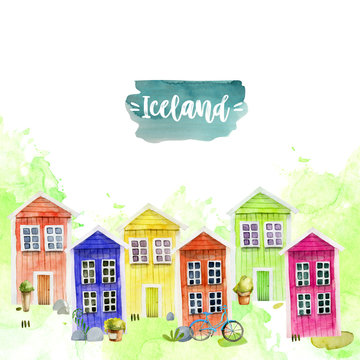 Card template with watercolor cute colorful nordic wooden houses, hand painted on a white background, Iceland card design