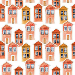 Fototapeta premium Seamless pattern of watercolor red icelandic wooden houses, hand painted on a white background