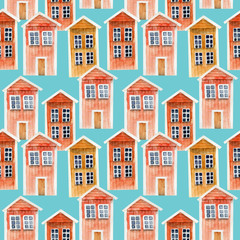 Fototapeta premium Seamless pattern of watercolor red icelandic wooden houses, hand painted on a blue background