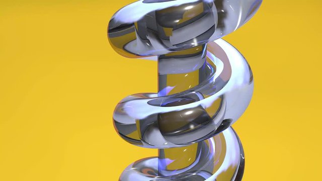 Turning metal rope repeated movement of a string on a glassy colorful background. Shiny spring motion background with colorful walls. Oddly satisfying loop able seamless animation of a spring