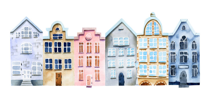 Illustration of watercolor nordic houses, scandinavian architecture, hand painted on a white background