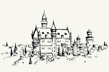 Famous German castle. Vector drawing - obrazy, fototapety, plakaty