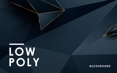 Luxury abstract black low poly background. Modern polygon shape with golden list on dark background.