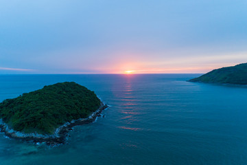 Aerial view Drone shot of Beautiful scenery sunset over sea and small island