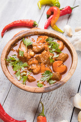 Beef goulash served in bowl