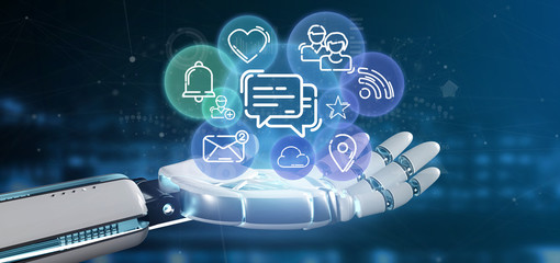 Cyborg holding a cloud of social media network icon