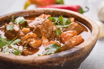 Beef goulash served in bowl