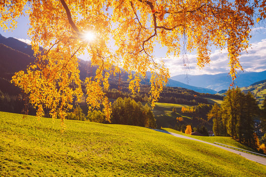 Magic image of sunny hills in Santa Magdalena village. Funes valley, Dolomite Alps.