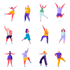 Fototapeta na wymiar Set of flat people joyful and positive characters. Bundle cartoon people emitting a smile in various poses on white background. Vector illustration in flat modern style.