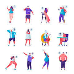 Set of flat people who are looking for something characters. Bundle cartoon people in various poses with question marks on white background. Vector illustration in flat modern style.