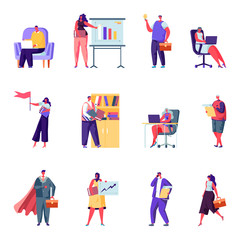 Set of flat business office people characters. Bundle cartoon people in various poses, graphs, data analysis on white background. Vector illustration in flat modern style.