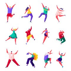 Set of flat people are jumping happiness characters. Bundle cartoon people jumping and rejoicing at the holiday on white background. Vector illustration in flat modern style.