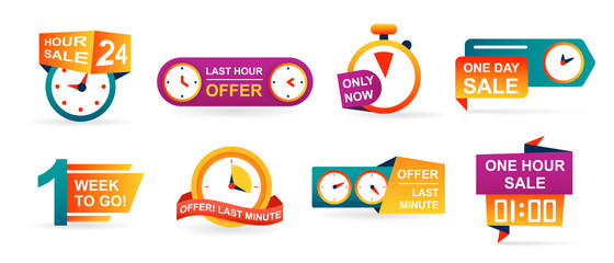 Set of sale countdown badges and stickers. Last minute offer banner, one day sales and 24 hour sale. Shopping limited time offer. Collection best deal badge isolated vector.