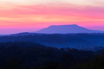 Scenery of blue mountain and sunrise sky.