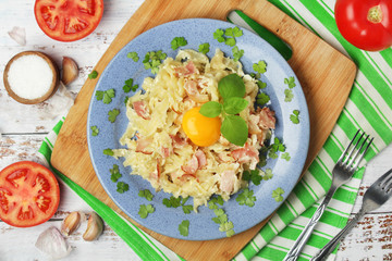 A plate with traditional pasta carbonara	