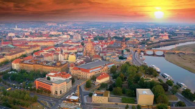Dresden aerial skyline view at sunrise over city germany in 4k.