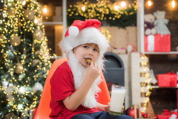 Happy new year. Santa Claus eating cookies and drinking milk on Christmas Eve. Portrait of little Santa child holding chocolate cookie and glass of milk.