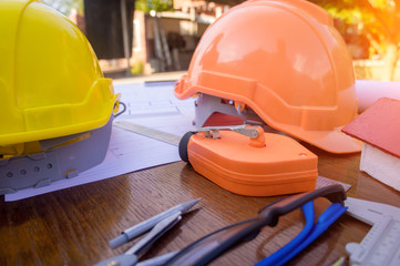 Architect desk ,Business,engineering concept,construction site, soft focus, vintage tone, working with blueprints in the office