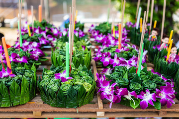 Krathong of floating basket by banana leaf Thai style for Loy Krathong Festival or Thai New Year and river goddess worship ceremony,the full moon of the 12th month Be famous festival of Thailand.