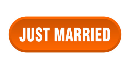just married button. just married rounded orange sign. just married