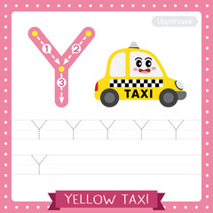 Letter Y uppercase tracing practice worksheet. Yellow Taxi