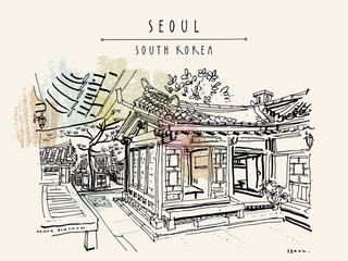 Seoul, South Korea. Hanok Bukchon. Hand drawn vintage touristic postcard