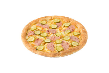 Delicious classic italian pizza with ham and pickled cucumber
