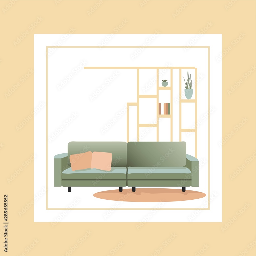 Wall mural Sofa in the living room. Interior design with shelves. Home decor. Bright furniture in the house. Minimalism modern desig