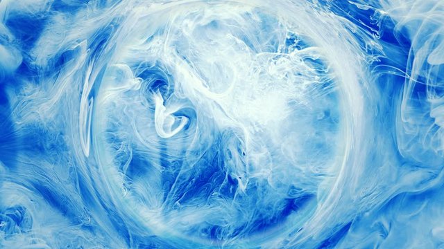 Ink water swirl. Oracle crystal ball. Blue white steam cloud circle flow.
