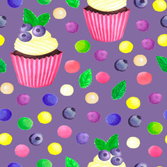 pattern of watercolor colored dots cupcake with blueberries