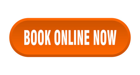 book online now button. book online now rounded orange sign. book online now