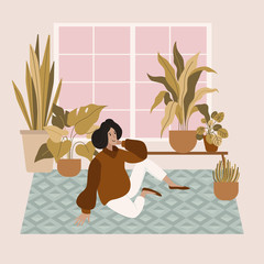 Vector illustration in flat simple style with female character - crazy plant lady, modern poster or print. Stylish girl in scandinavian interior