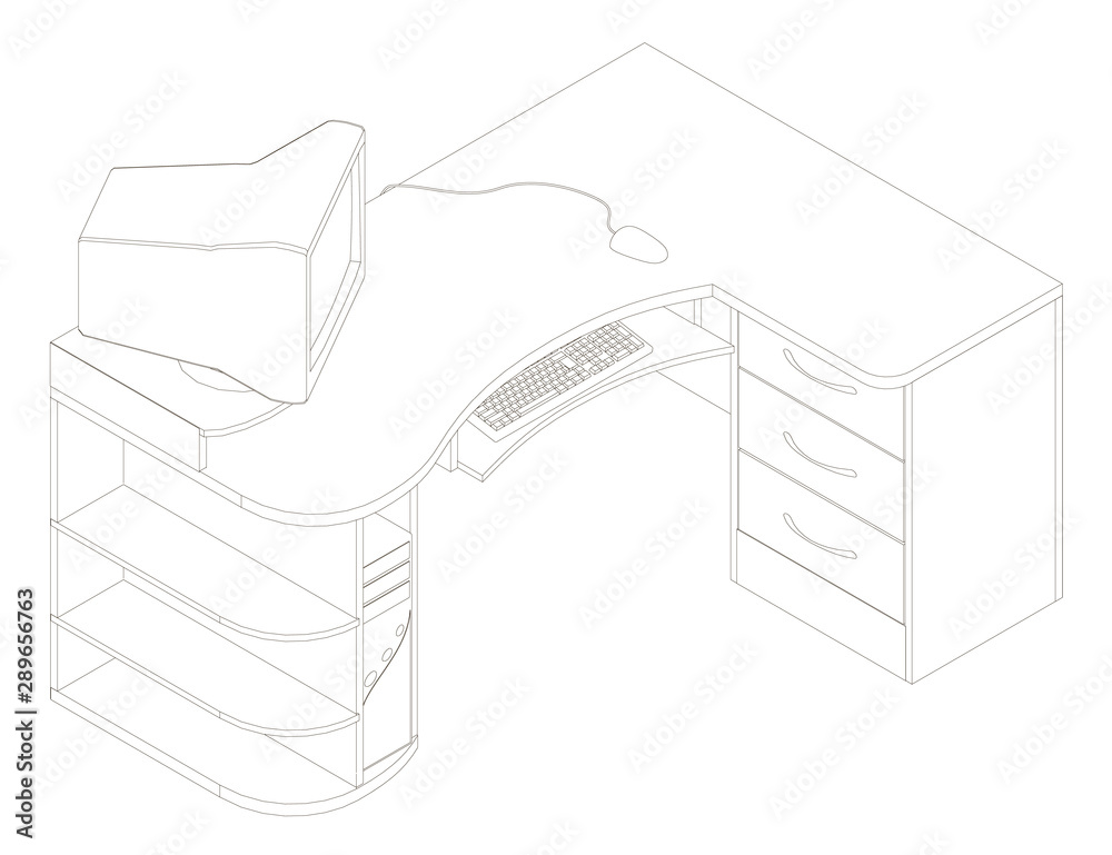 Poster the contour of a computer desk with a large monitor keyboard and system unit. view isometric. vector