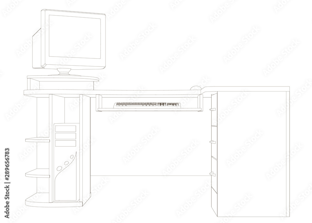 Poster the contour of a computer desk with a large monitor keyboard and system unit. front view. vector ill