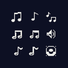 Music notes pixel art icons set. 8-bit sprite. Old school computer graphic style. Isolated vector illustration.