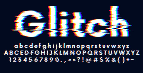 Digital glitched alphabet distorted screen error effect, Latin uppercase and lowercase letters Glitch typeface, vector illustration - obrazy, fototapety, plakaty