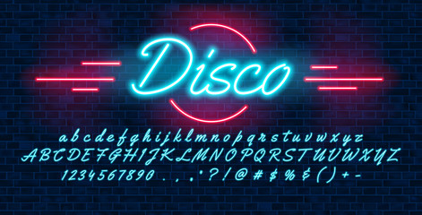 Neon light blue font hand drawin, english alphabet uppercase and lowercase letters and numbers, on brick background, vector illustration © max_776