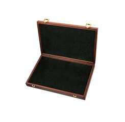 Fototapeta premium An open wooden box with gilded locks. Luxury packaging for anything.