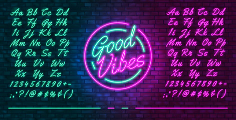 Neon futuristic font, luminous blue and pink uppercase and lowercase letters, colorful bright neon hand drawn typeface, glowing sign Good vibes, vector illustration - obrazy, fototapety, plakaty