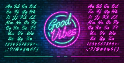 Fotobehang Neon futuristic font, luminous blue and pink uppercase and lowercase letters, colorful bright neon hand drawn typeface, glowing sign Good vibes, vector illustration © max_776