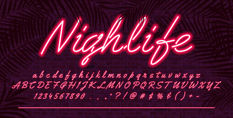 Neon light alphabet font, Red glowing hand drawn uppercase and lowercase letters, vector typeface typography design, brick wall background with tropical leaves © max_776