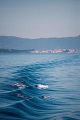 Vocation in Greece, Corfu. Water, cliff, mountains, and beautiful summer evening 