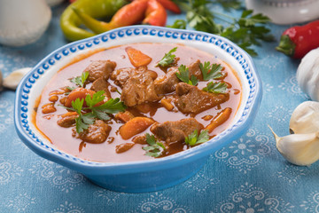 Beef goulash served in bowl