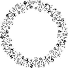 Halloween candy, creepy candy, sketch, round frame vector illustration for design and decoration