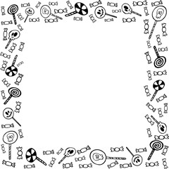 Halloween candy, creepy candy, sketch, square frame vector illustration for design and decoration