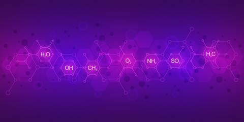 Abstract chemistry pattern on purple background with chemical formulas and molecular structures. Science and innovation technology concept.