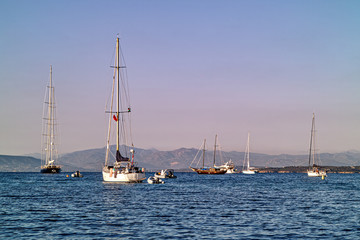 boats at anchor in Golfo Aranci , in Sardinia, Italy
