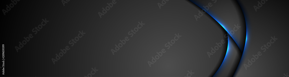 Wall mural black abstract wavy banner web header with blue neon light. glowing tech background. vector design