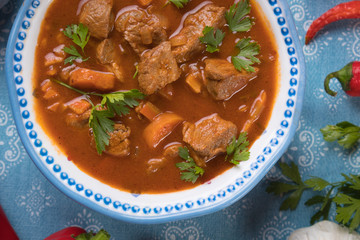 Beef goulash served in bowl
