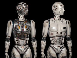 two futuristic robots or very detailed humanoids standing near each other and looking leftwards. Front view of the upper body. Isolated on black background. 3d render